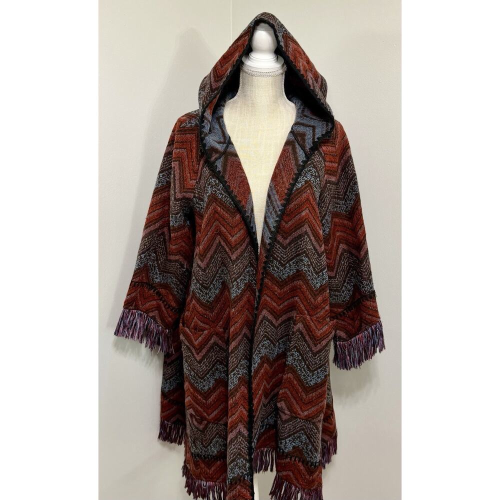 Anthropologie Hei Hei Mesilla Cardigan Jacket M/L Chevron Red Boho Fringe Hooded